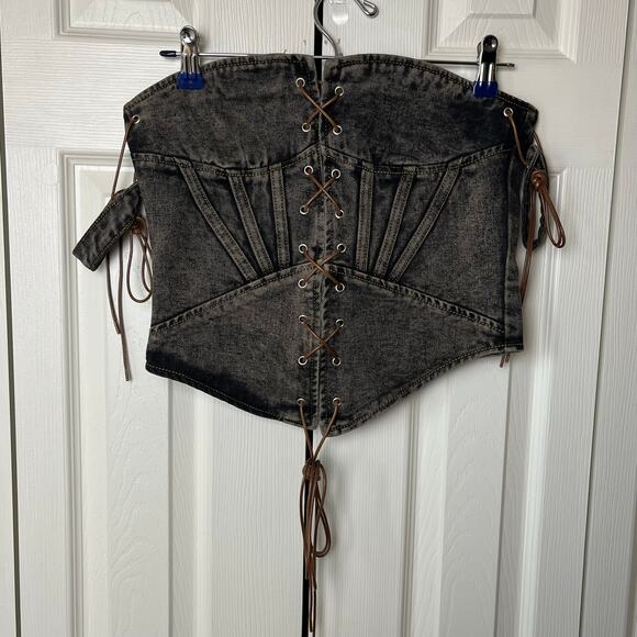 Pretty Little Thing Shape Brown Denim Lace Up Front Corset 6 - Picture 2 of 9